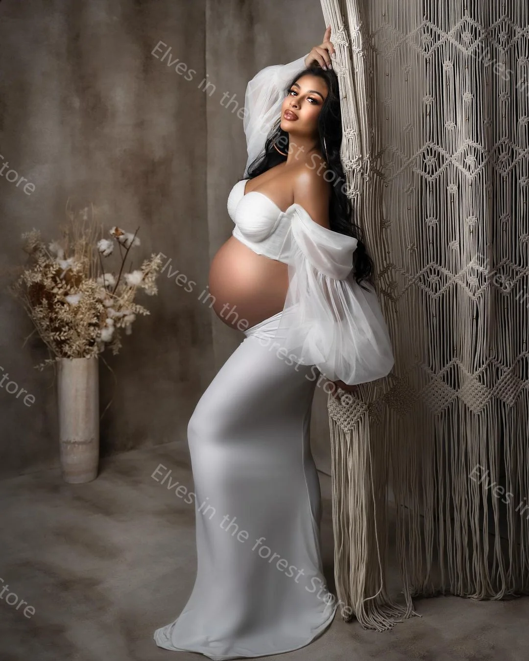 White Mermaid Maternity Robes for Photography 2 Pieces Off Shoulder Pregnant Women Robes Sexy Long Sleeves Evening Party Gowns