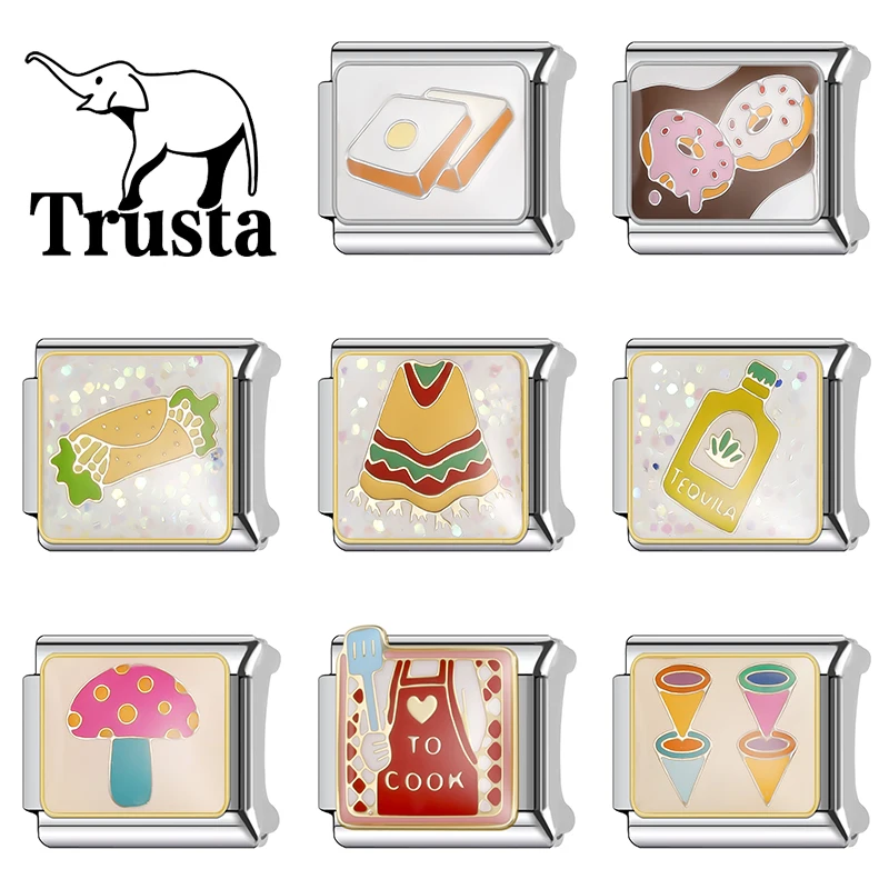 Trusta 2026 New Sparkling Cook Food Donut Italian Bracelet Charms Accessories Elastic Fit 9mm DIY Making Jewelry Fashion N709