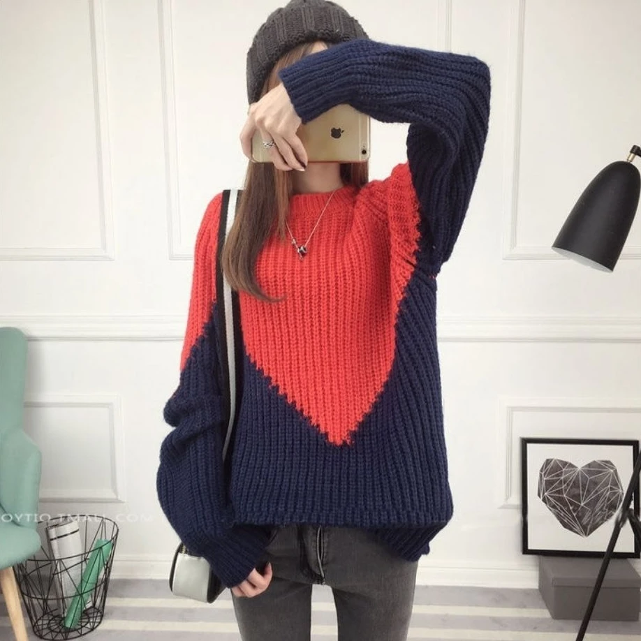 

Red Graphic Black Round O Neck Pullover Knitted Top for Women Ladies Sweaters Korean Fashion Basic Vintage Autumn and Winter