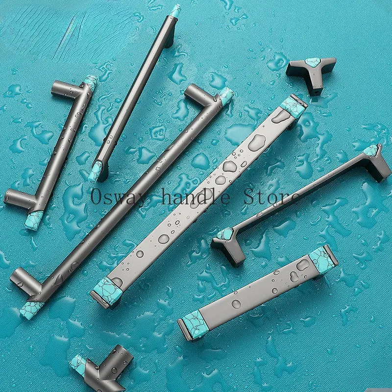 Modern Simple Gray Alloy + Turquoise Handle Cupboard Cabinet Door Handles Drawer Pulls and Knobs  Furniture Decor Hardware
