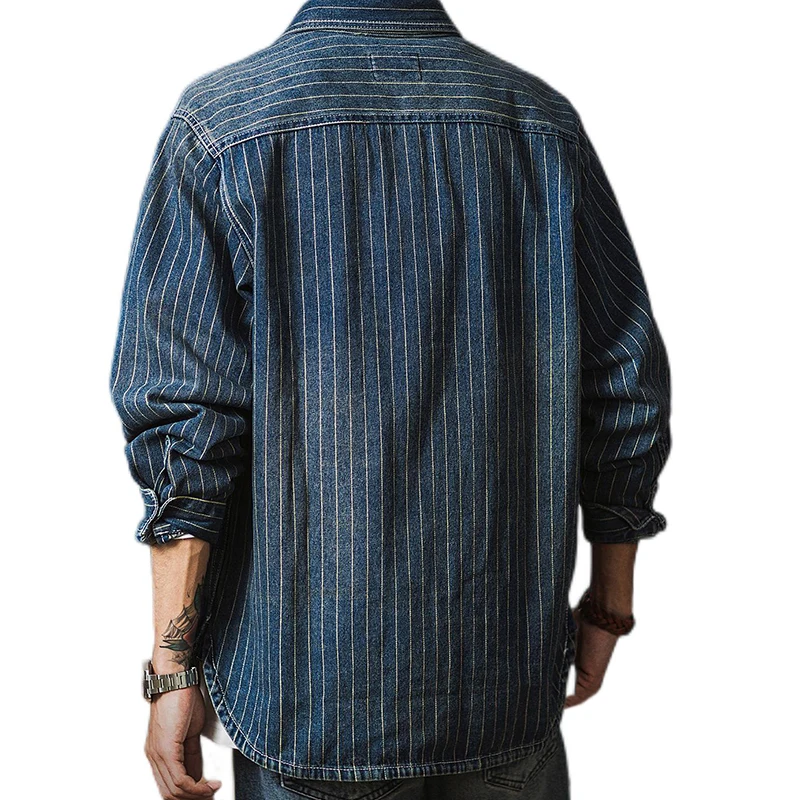 Men Vertical Stripe Thick Denim Shirt 2023 Spring Autumn Garment Washed Vintage Mens Casual Cowboy Shirts