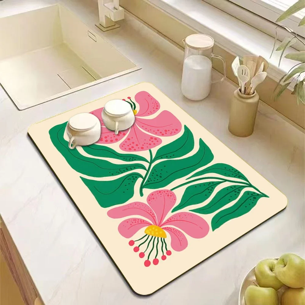 

VIKAMA Abstract Floral Art Kitchen Mat Absorbent Non-Slip Floor Mat Non-Slip Dish Drainer Mat Decorative Shaped Dish Mat