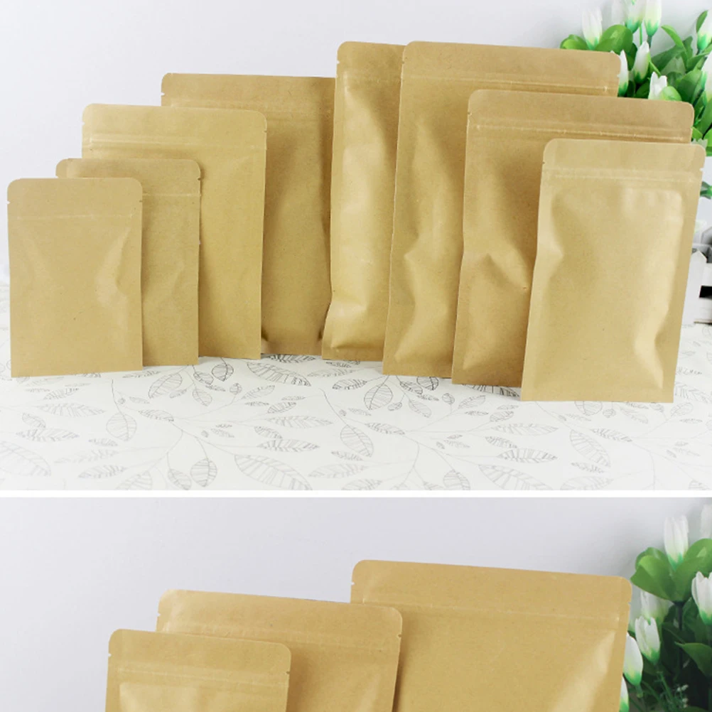 

100pcs Kraft Paper Self-Sealing Food Storage Bags Resealable For Coffee Beans Tea Nuts Dried Flowers Baking Cookies