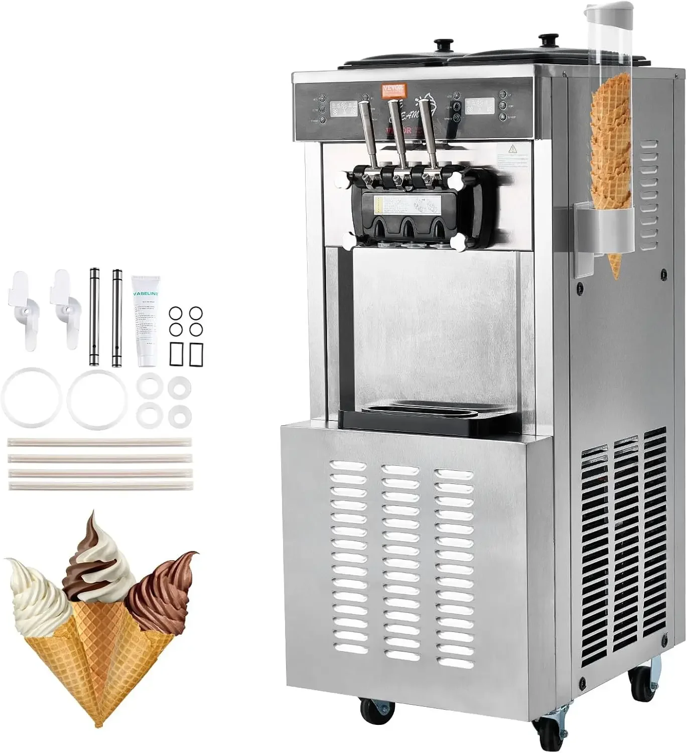 

Commercial Ice Cream Machine, 34-44 L/H Yield, 3400W 3-Flavor Freestanding Soft Serve Ice Cream Maker