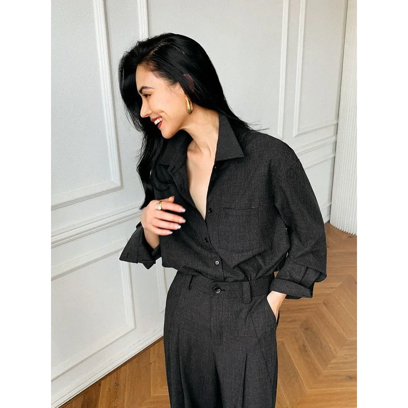 

Новый женский модный однотонный свободный повседневный элитный рабочий костюм с воротником-поло и карманами на пуговицах