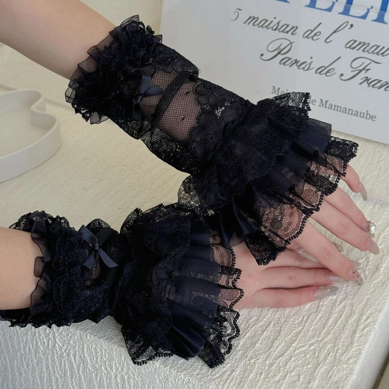 الحلو الدانتيل الأكمام الطويلة الزخرفية الماس القوس JK لوليتا Kawaii الدانتيل الكشكشة قفازات Y2k فتاة تأثيري الذراع أدفأ أصابع قفازات