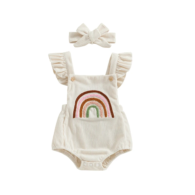 

Newborn Baby Girls Rompers Fuzzy Rainbow Embroidery Fly Sleeve Ruffles Infant Bodysuits with Headband Summer Clothes