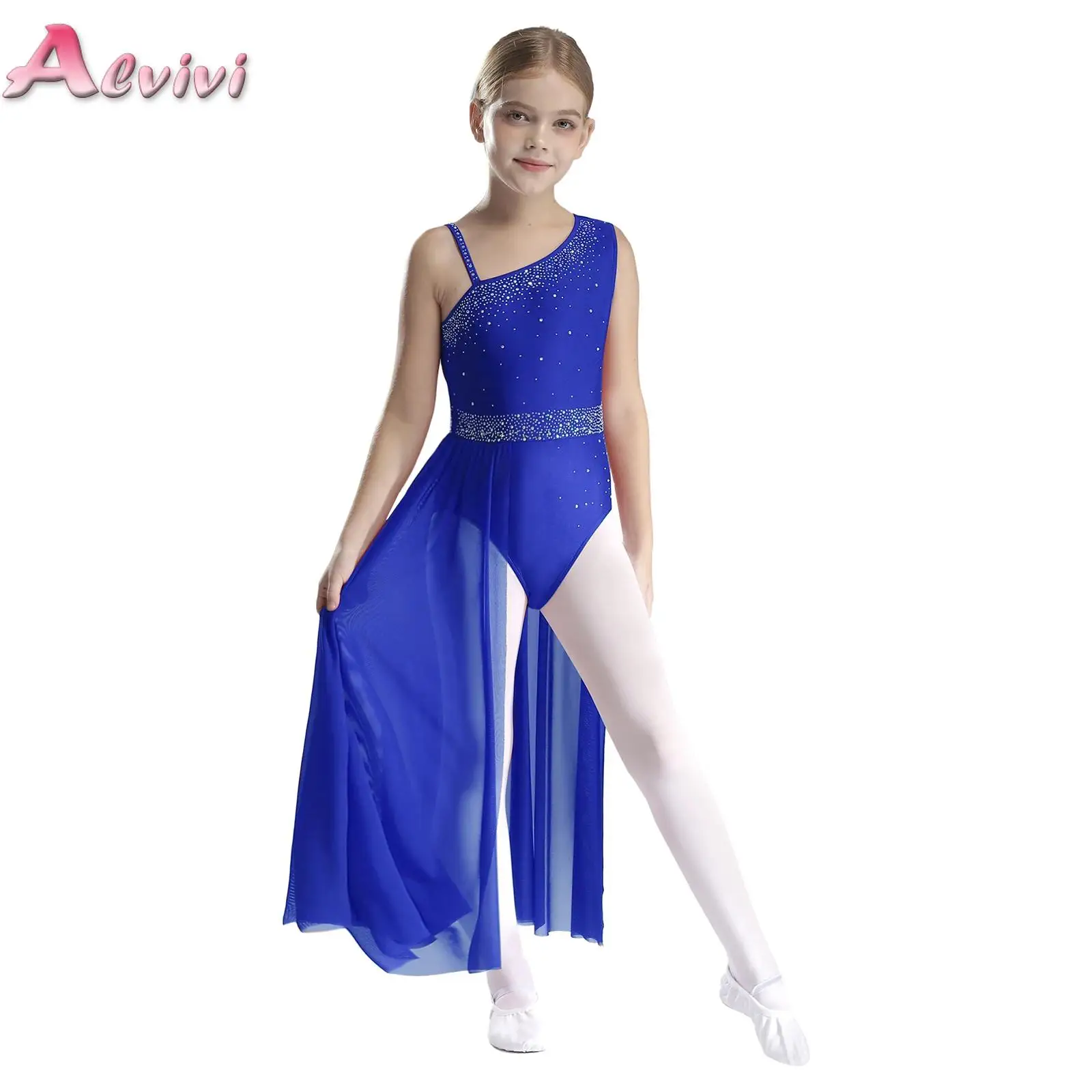 

Girls Lyrical Dance Dress Sleeveless Mesh Split Leotard Ballet Figure Skating Gymnastics Dancewear Stage Performance Costume
