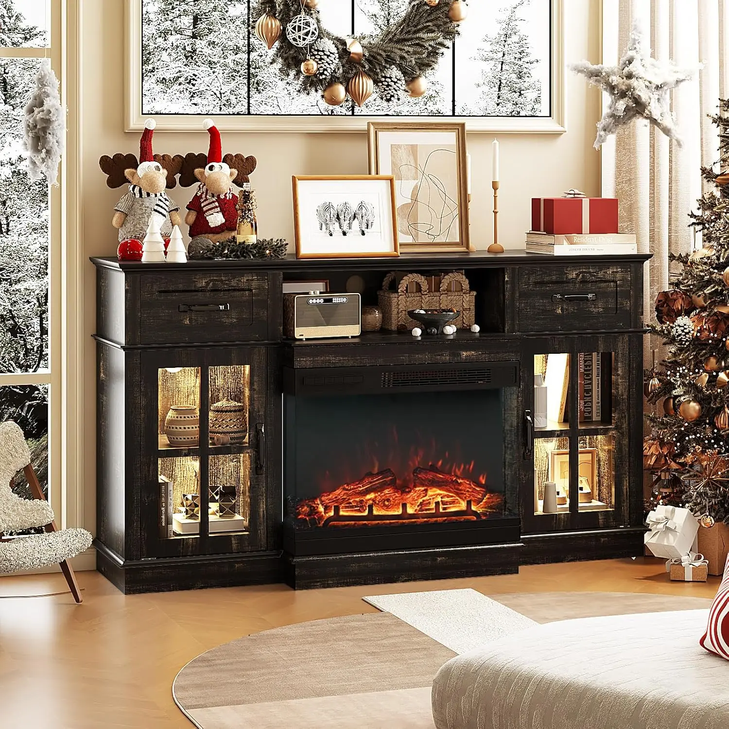 

Fireplace TV Stand for 55–65 Inch TVs, 3-Sided Electric Fireplace with LED Light Strip, Glass Doors, Storage, Customized