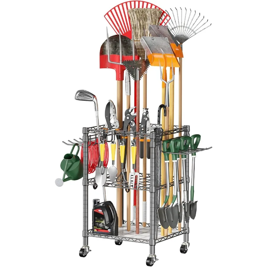 

T1 Garden Tool Organizer with Lockable Wheels Heavy Duty Garage Tool Storage for Yard Shed Outdoor and Lawn Freestanding Tool O