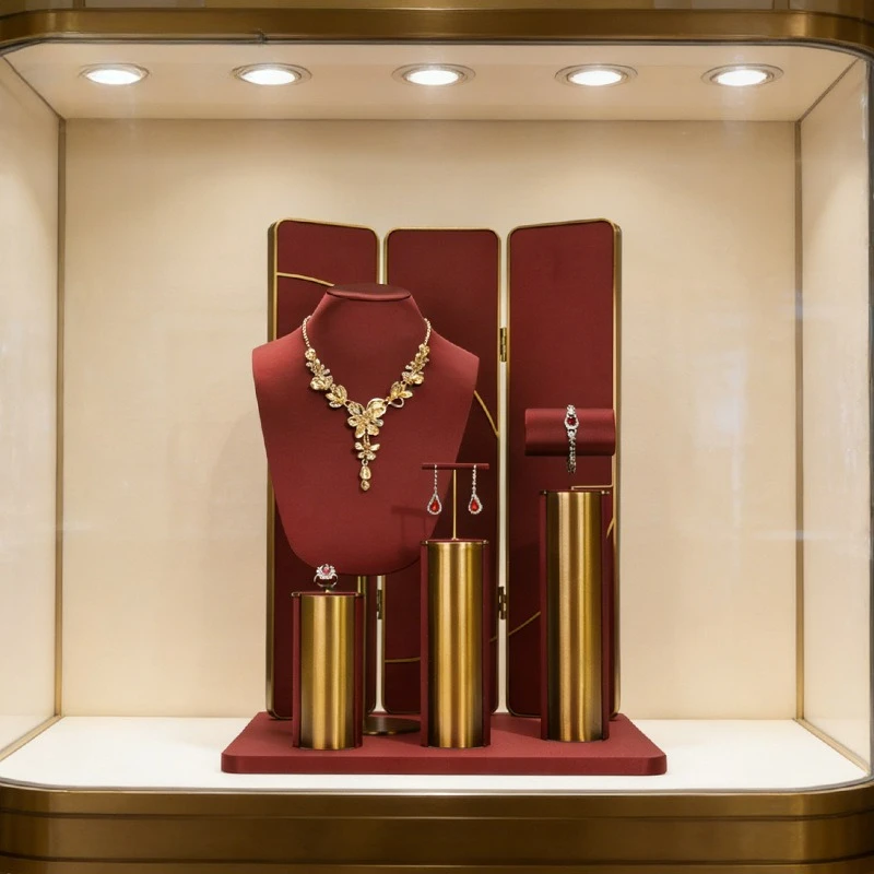 

Подставки для демонстрации ювелирных изделий: красная шелковая ткань, металлическая подставка для ожерелий, подставка для портретной демонстрации, подставка для браслетов и серег.