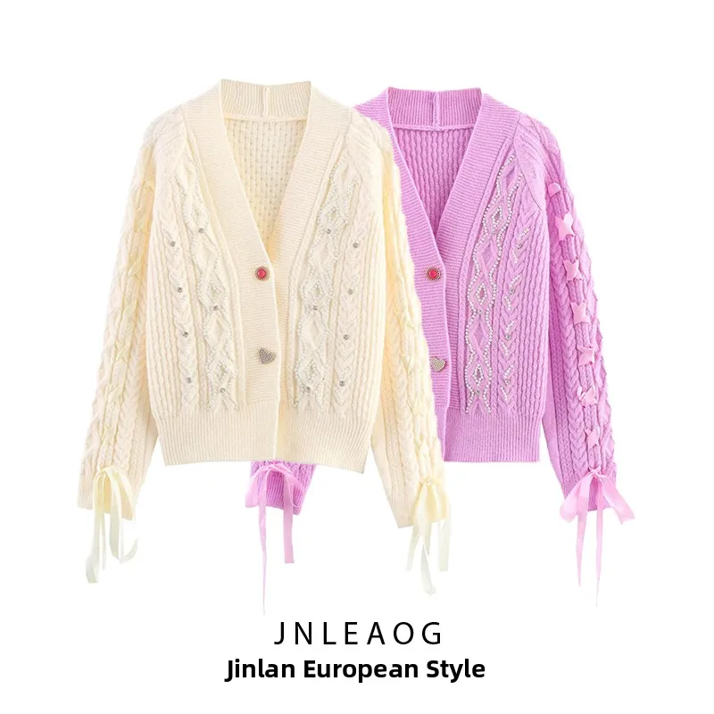 

Модный вязаный свитер с украшением из бисера и веревочным дизайном, повседневный однотонный свитер из полиэфирного волокна Long Sve V-Ne