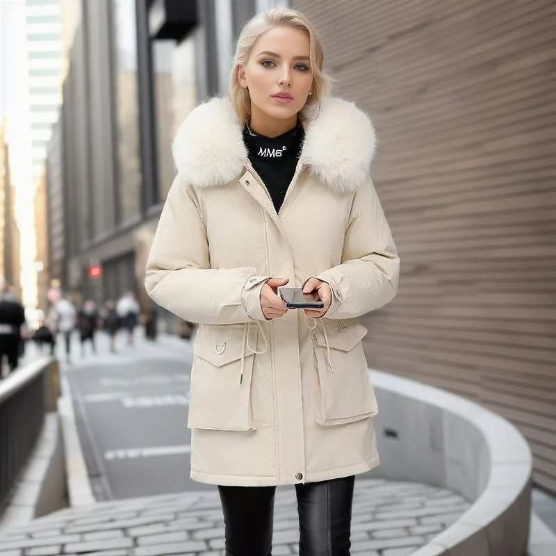 Winter Women Fleece Parka 2023 Windproof Jacket Korean Fashion Fur Collar Hooded Slim Thick Warm Parkas Snow Clothes New