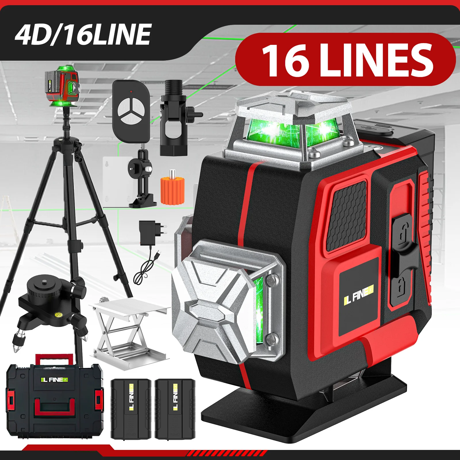 4D 16-liniowy supermocny laserowy poziomica z zieloną wiązką, automatyczna funkcja utrzymywania linii pod kątem 3 stopni, 360-stopniowy, wielokierunkowy, poziomy i pionowy, wysokoprecyzyjny miernik