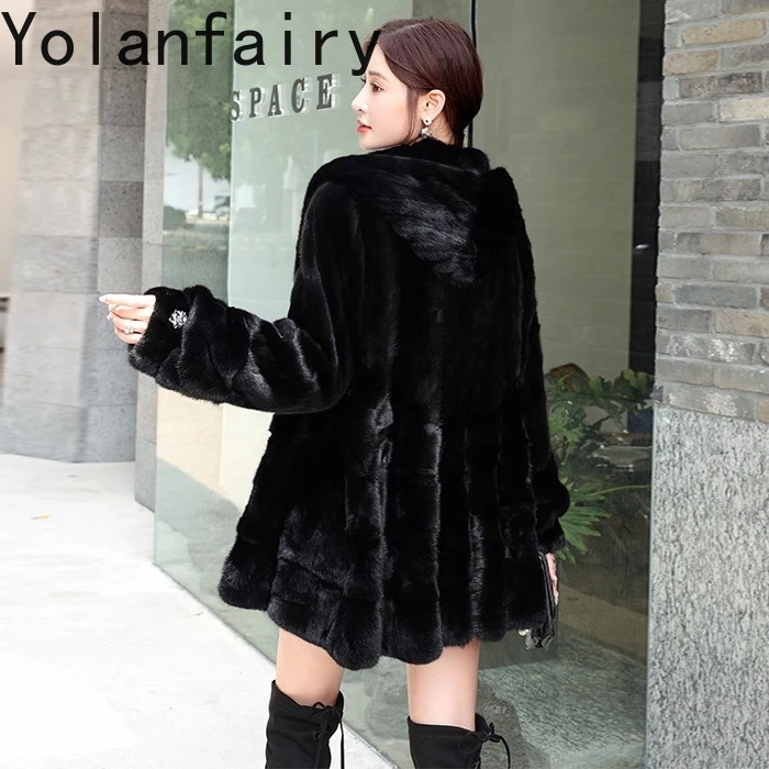 YOLANFAIRY Wysokiej Jakości Płaszcz z Naturalnego Futra Norki z Kapturem, Damska Zimowa Kurtka z Naturalnego Futra Norki, Średniej Długości Czarny Płaszcz Futrzany