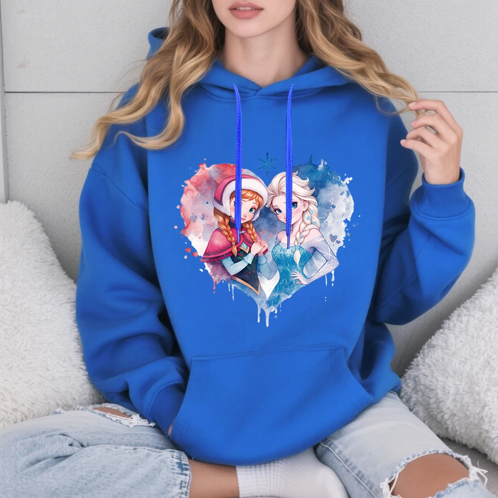 ديزني فروزن إلسا وآنا الأخوات طباعة الأزرق صوف مبطن مقنعين البلوز المرأة الخريف الشتاء الدافئة لينة مريحة البلوز #5