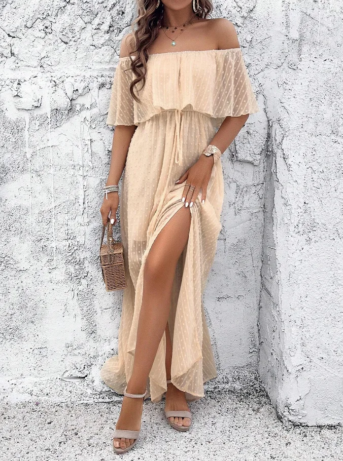 ชุดเดรสฤดูร้อนสำหรับผู้หญิง ดีไซน์หรูหรา เซ็กซี่ แต่งระบาย แขนสั้น คอเส้นเดียว สไตล์โบฮีเมียน เหมาะสำหรับใส่ไปเที่ยวทะเล ชุดเดรสยาว