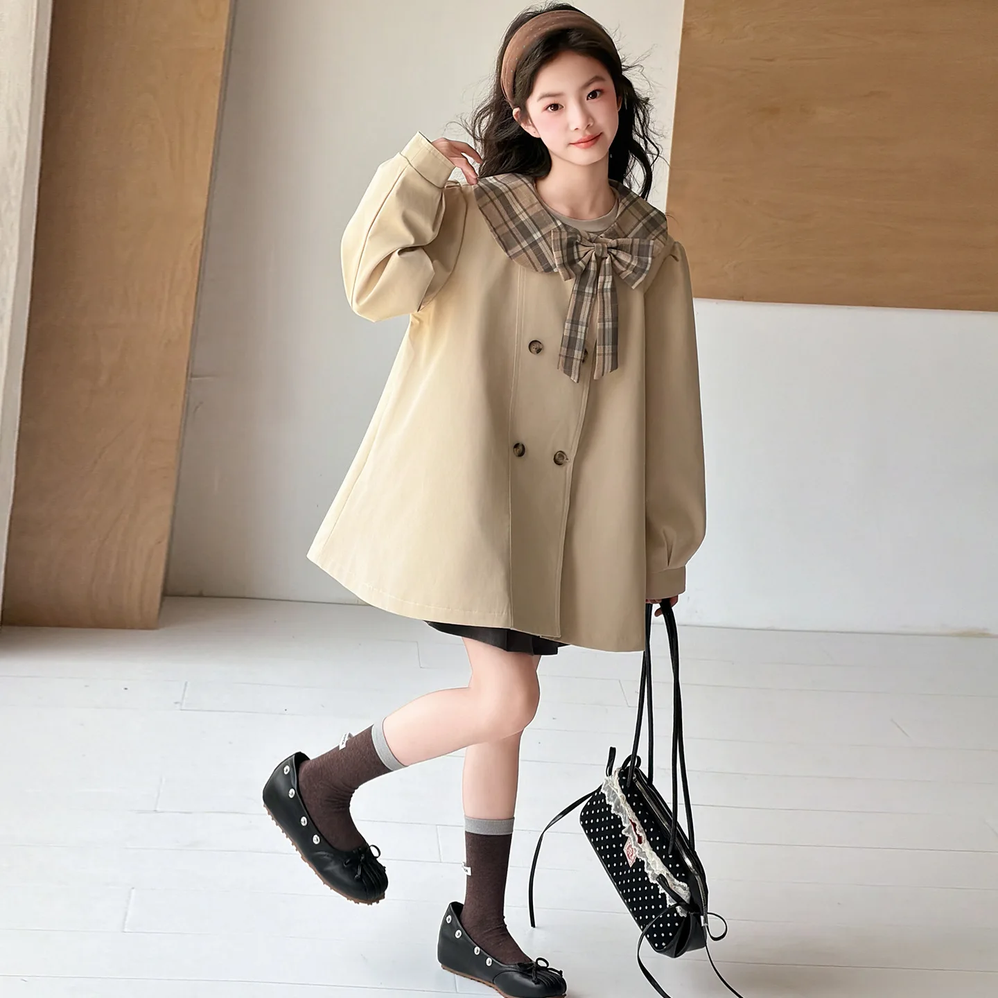 Girls Trench Coat Autumn 2026 New Girls Medium and Long Plaid Splicing on Clothes