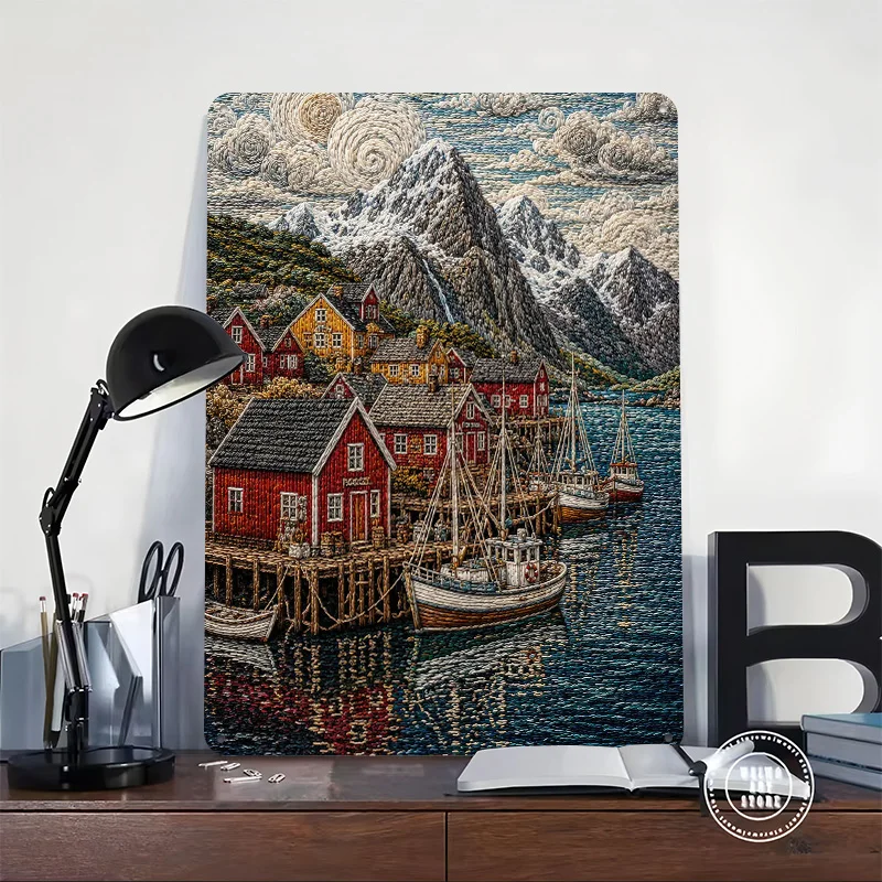 Embroided Norwegian Fishing Village Personalized 3D Textured Metal Poster Wall Art Tinplate Sign for Home Decor Accessories Bar