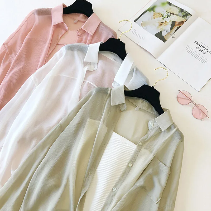 

Chic Loose Women's Summer irt 2025 New Korean Sle Sun Protection Air Conditioned Outerwear Translucent Georgette Material