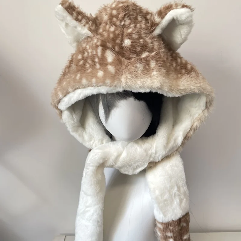 New Harajuku Kawaii Reindeer Hat Faux Fur Plush Winter Warm Furry Ear Protection Cap Christmas Subculture Y2K Girl Punk Hats