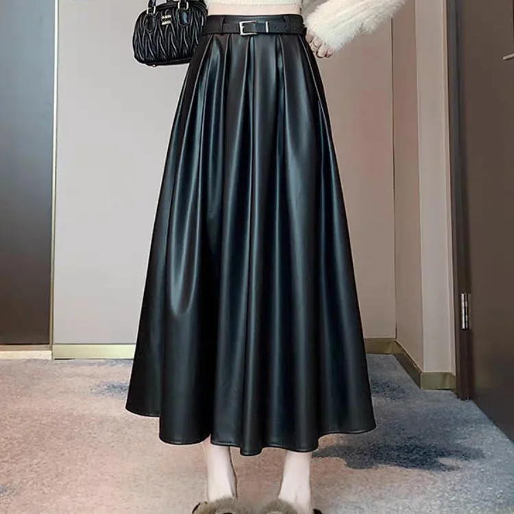

New Korean PU Leather Skirt Women Solid Color Versatile Pleated Skirt Large Swing Type Skirt Female Long Skirts for Women
