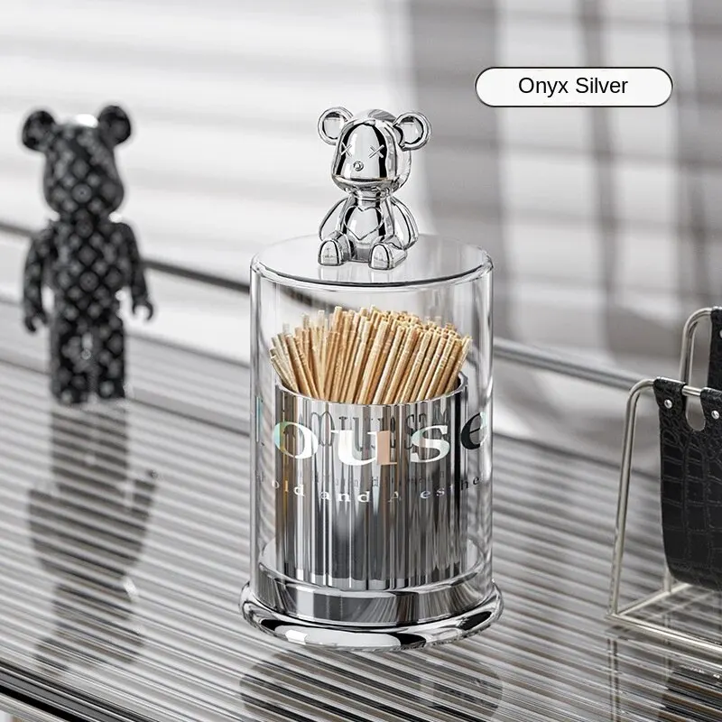 1 Net Red High Appearance Level Bear Acrylic Toothpick Box Creative Toothtip Holder Household Cotton Swab Floss Storage Tank