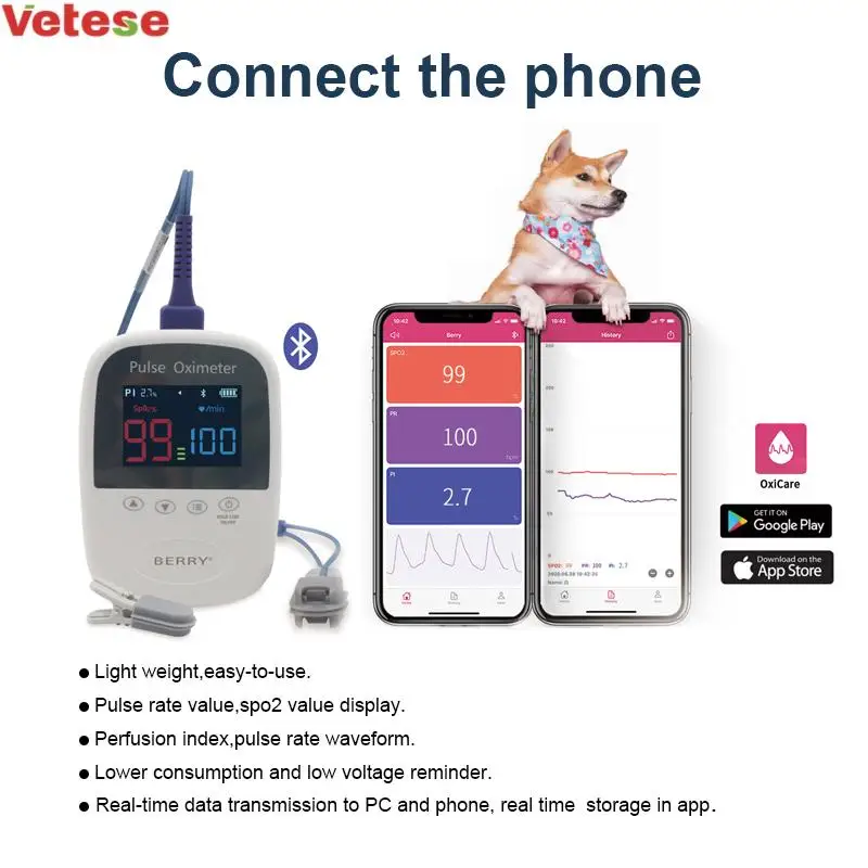 Veterinary Wireless BLE Handheld Pulse OximeterS Spo2 Sensor Free App Remote Pet Medical Product