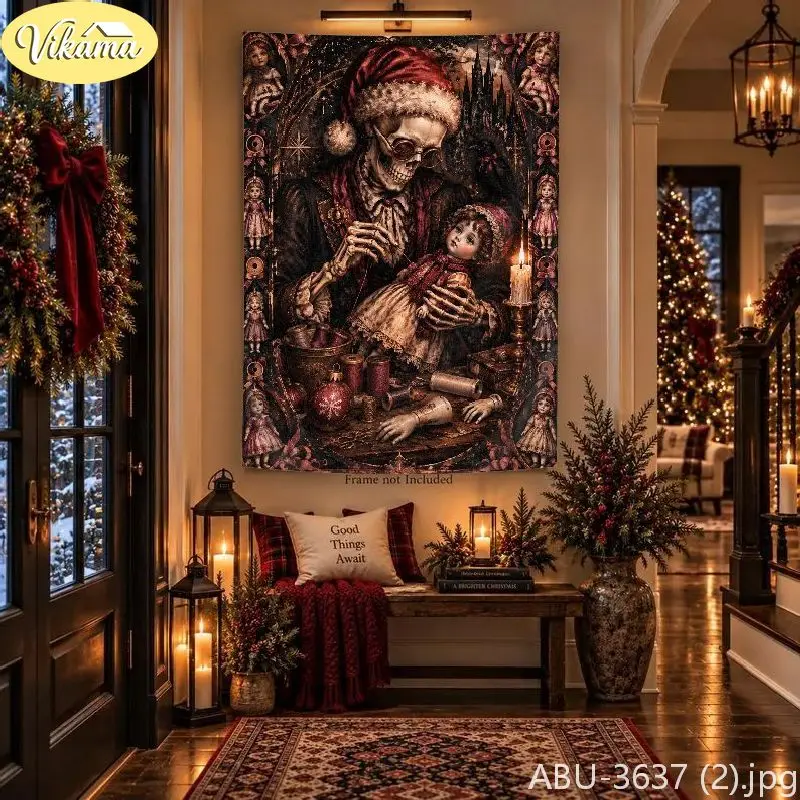VIKAMA Dark Christmas Skeleton Santa Claus Doll Tapestry, Gothic Background Cloth, Party Wall Decor