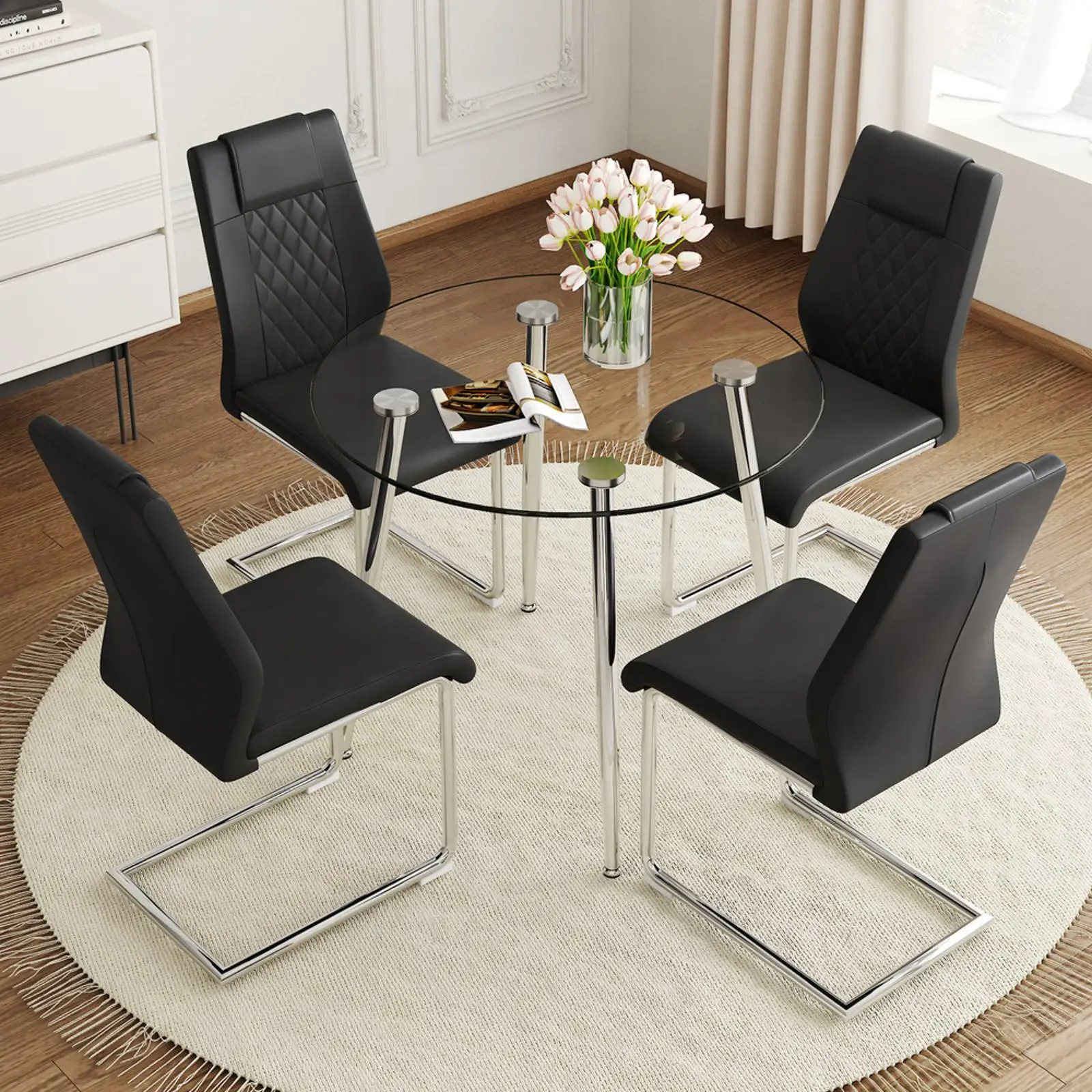 Stylish Round Glass Table & 4 -Legged PU Leather Chairs: Your Dining