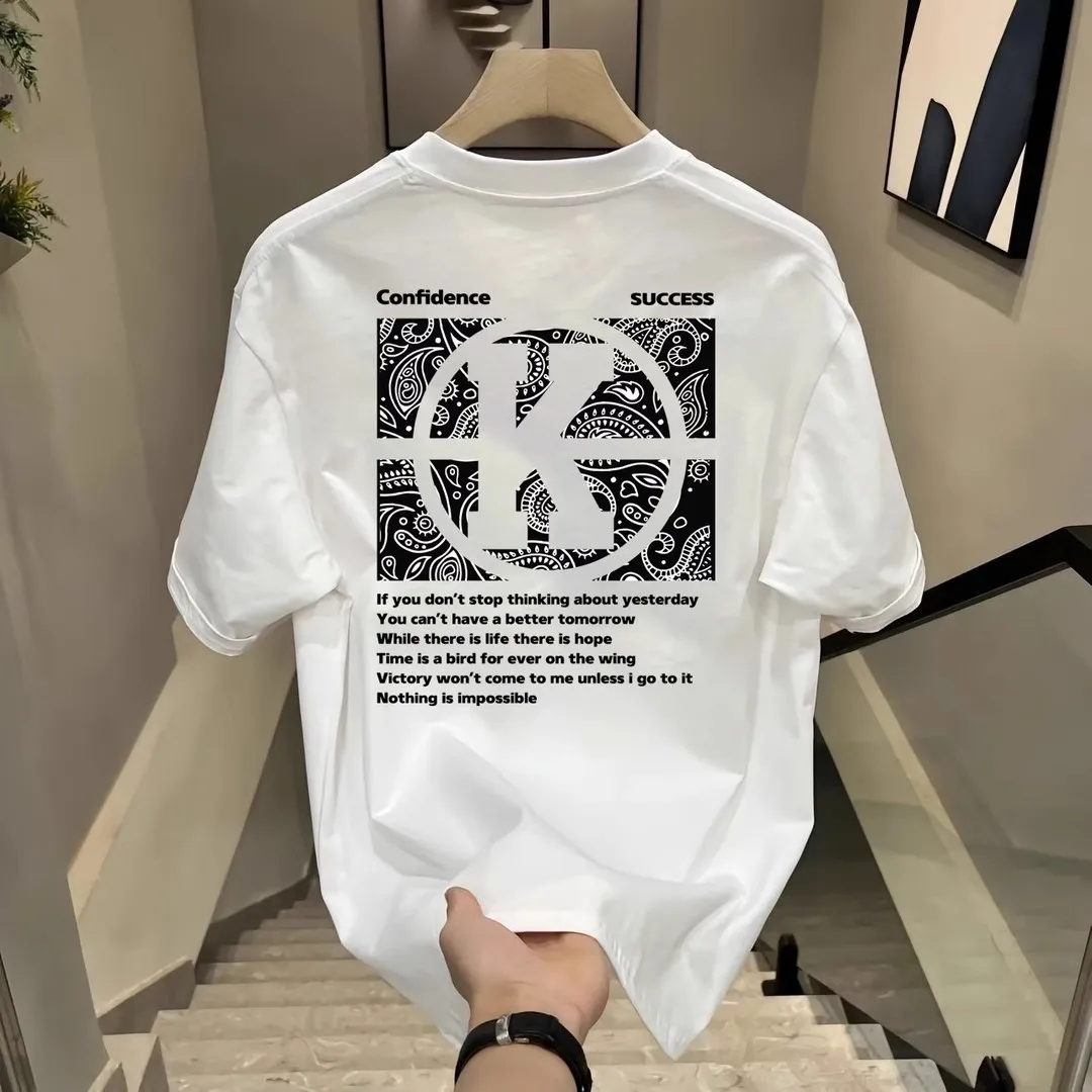 Combed Pure Cotton Short-sleeved T-shirt for Men, 2026 New Style, Summer Trendy Brand, Loose-fitting Printed T-shirt