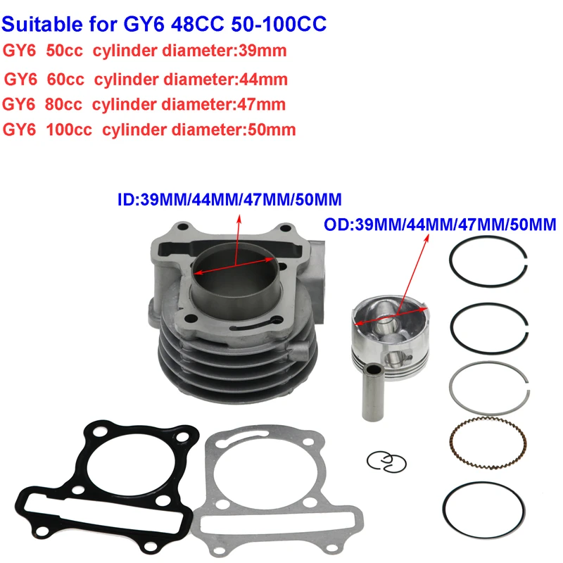 GY6 39mm 44mm 47mm 50mm Big Bore Kit Cylinder Piston Ring Set for Scooter Moped 139QMB GY6 50 60 80 100 CC