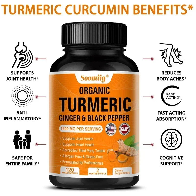 Organic Turmeric 1500 Mg Capsules with Black Pepper & Ginger - High Strength Active 95% Turmeric Extract Curcumin Supplement