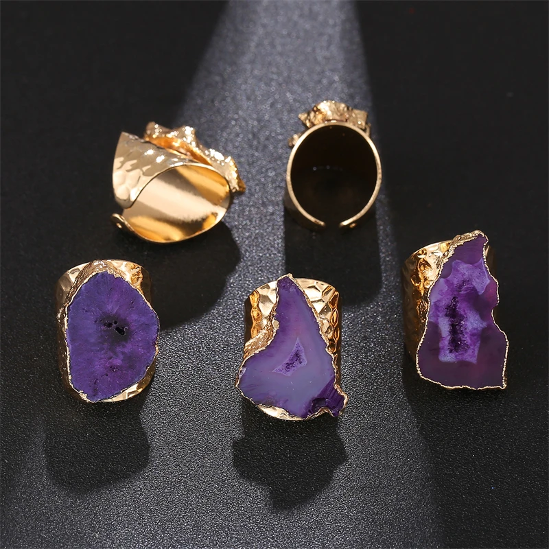 Irregular Geode Stone Agate Slices Wide Open Ring for Women Boho Resizable Finger Jewelry