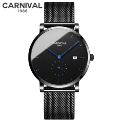 Montre mécanique en acier inoxydable pour homme, bracelet en maille noire, étanche, calendrier, design en petites secondes, mode carnaval