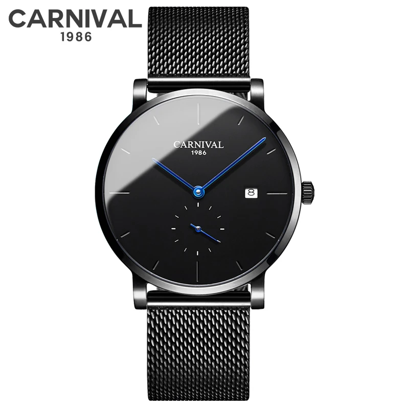 Carnival Fashion Mechanical Watch Men Black Stainless Steel Mesh Strap Waterproof Calendar Small Seconds Design Mens Watches