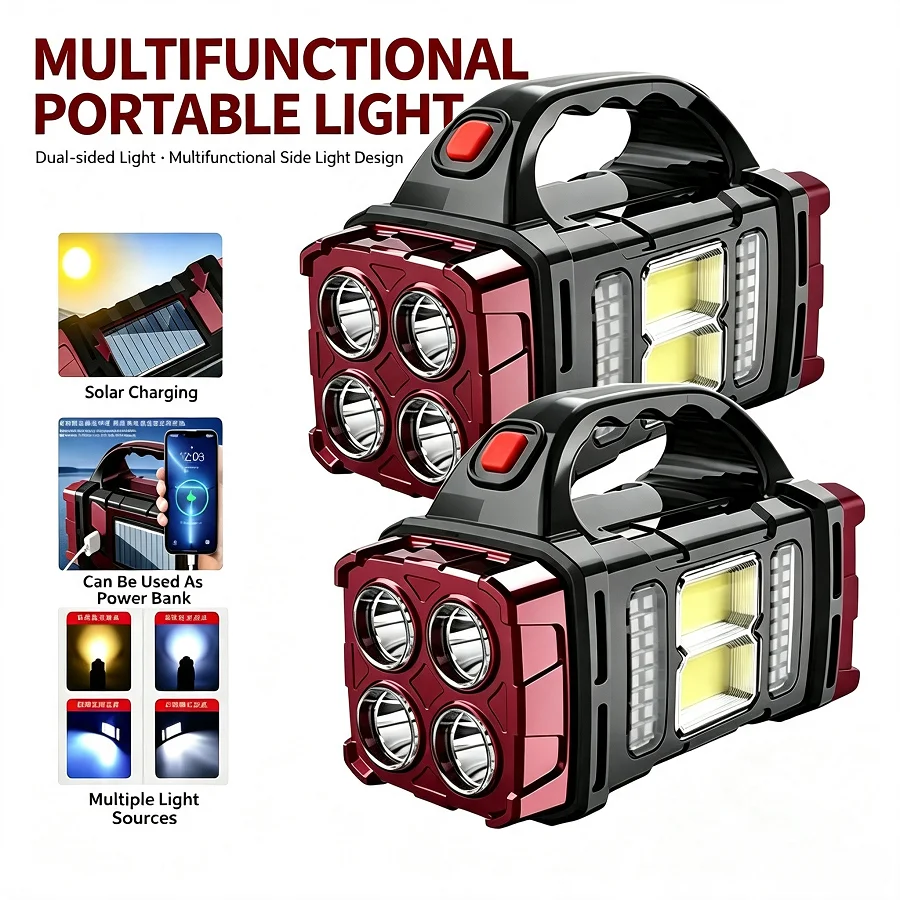 Powerful LED COB Flashlight USB Solar Rechargeable Portable Hand Lamp Working Emergency Lamp Outdoor Camping Fishing Searchlight