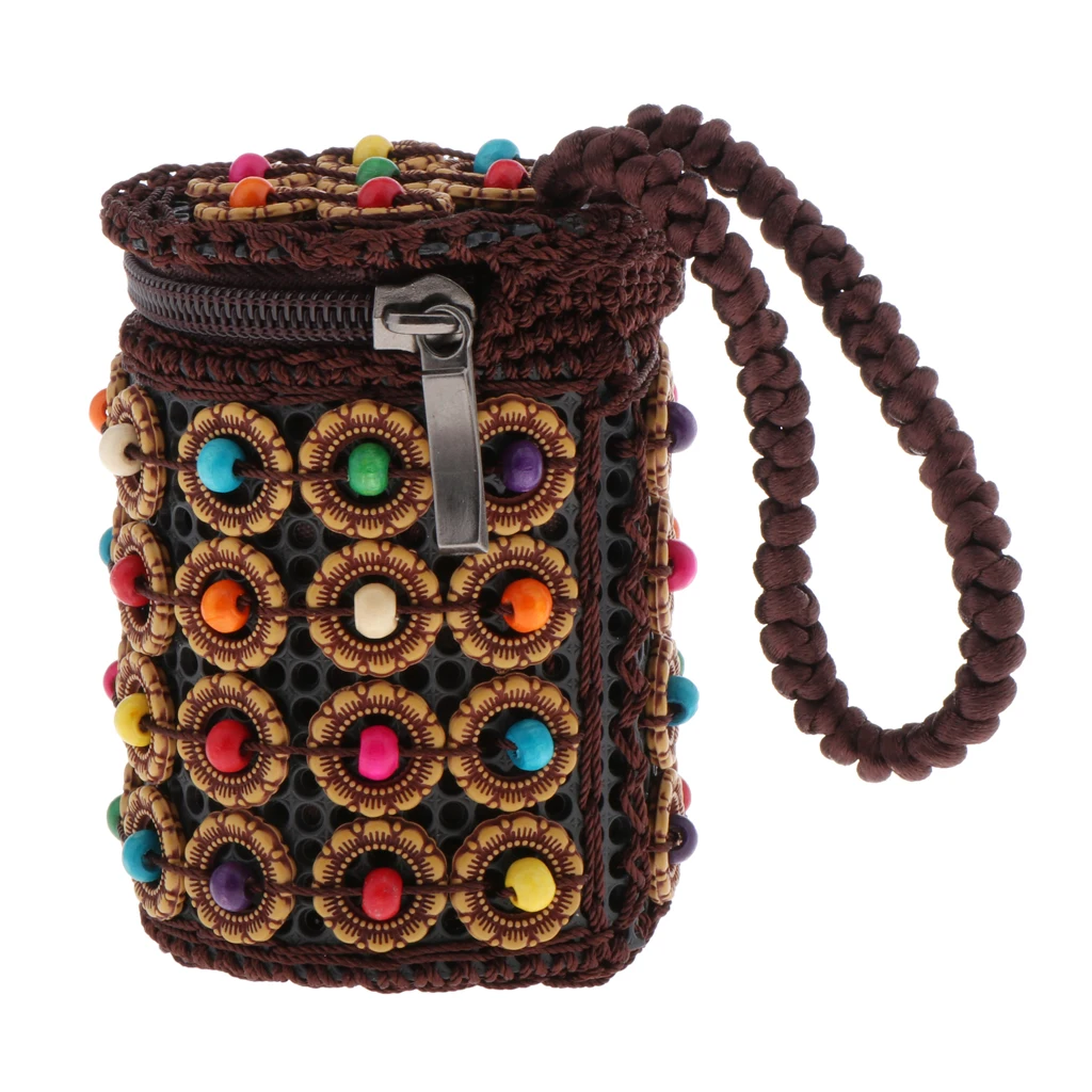 Beaded Woven Cylinder Mini Handbag Wood Plastic Wristlet Vintage Style Women Bag for Jewelry Keep