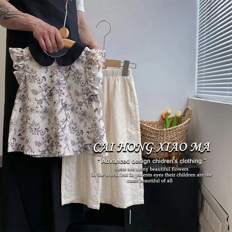 

Korean Children's Clothing 2024 Summer New Girls Fashion Doll Collar Floral Top Children's Casual Straight Leg Pants 2 Pcs Kids