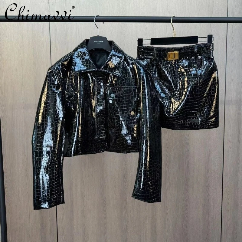 

French Minimalist New Lapel Long-sleeved Alligator Pattern Single-breasted Buckle Leather Jacket with Belt Skirt Suit For Women