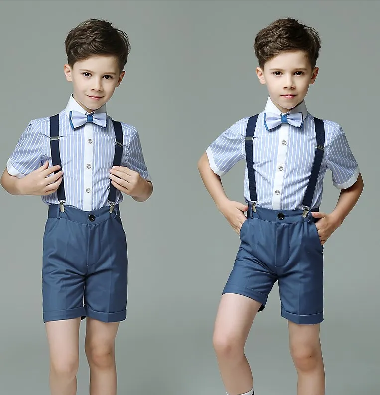 

Kids Shirt Suspender Shorts Bowtie 4PCS Formal Suit Boys Summer Blue Wedding Suit Child Photography Costume Teenager Uniform