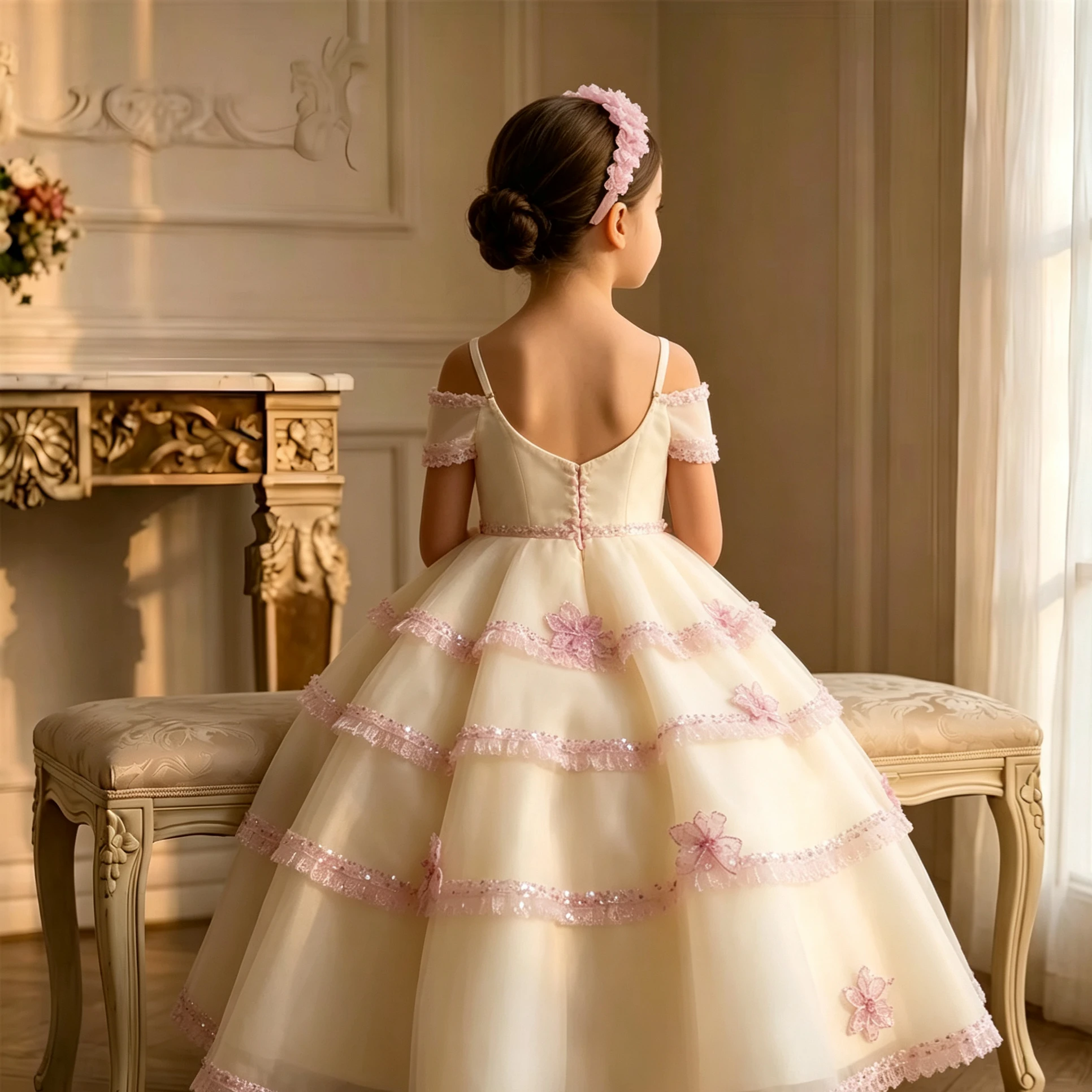 Customized Flower Girl Dress For Wedding Appliques Tiered Glitter Short Sleeve Floor Length Kids Birthday First Communion Gown