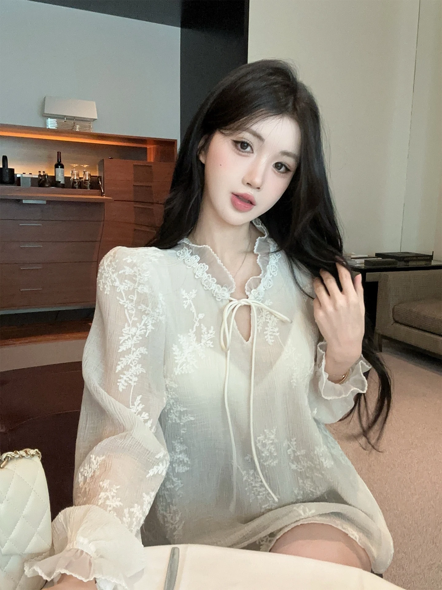 

Ele Embroidered Chiffon Blouse Women's Early Spring Bubble Sve Stand Collar Base irt Inner Wear Beautiful irt