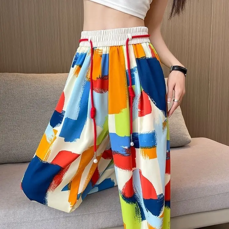 

Designed tie dyed wide leg pants for women in 2023 summer, thin and colorful draped straight casual pants trend