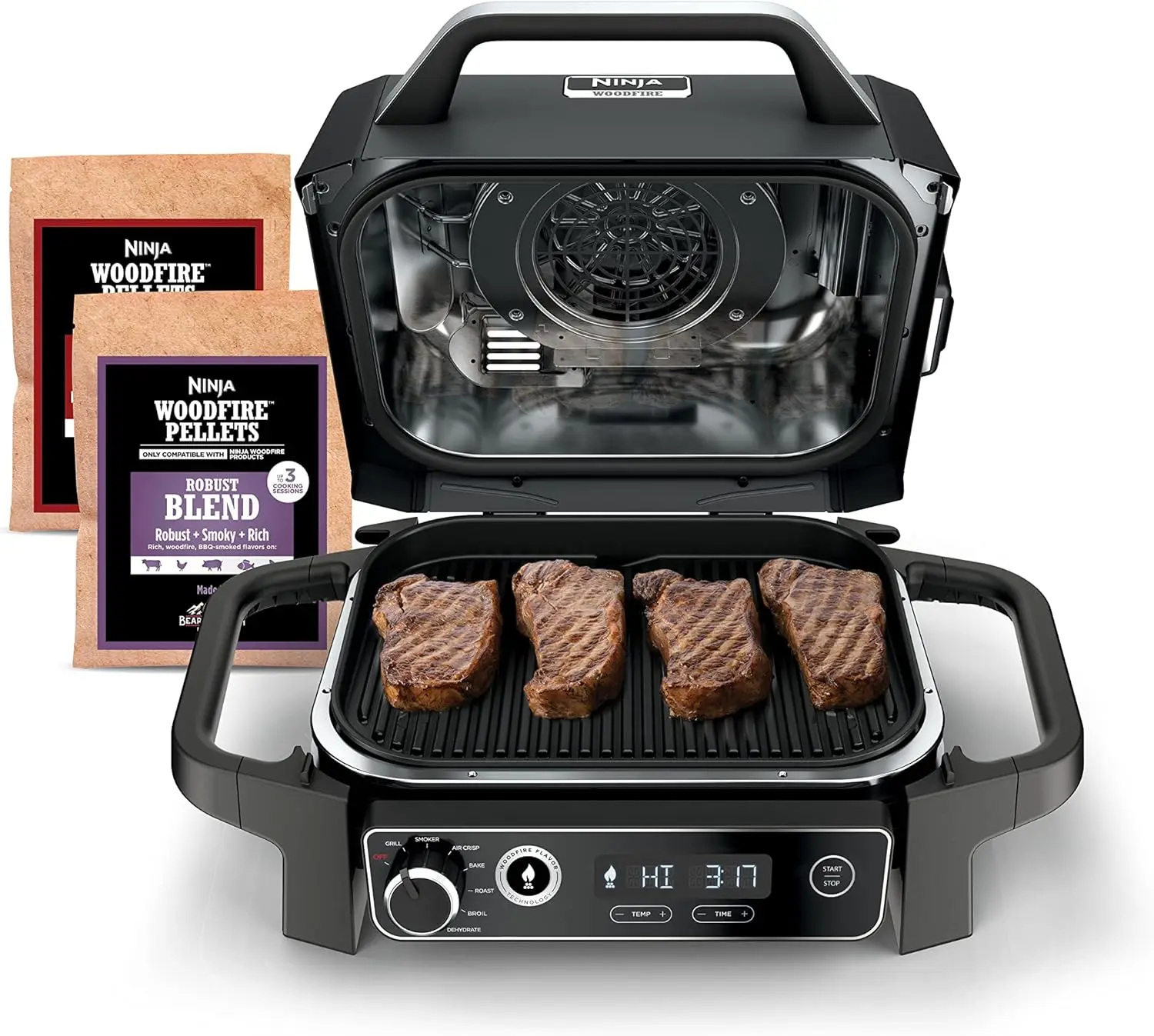 

Ninja | Woodfire Series 7-in-1 (Grill, BBQ, Roast, Air Fry, Dehydrate, Broil, Smoke)Portable & Weather Resistant Cook U
