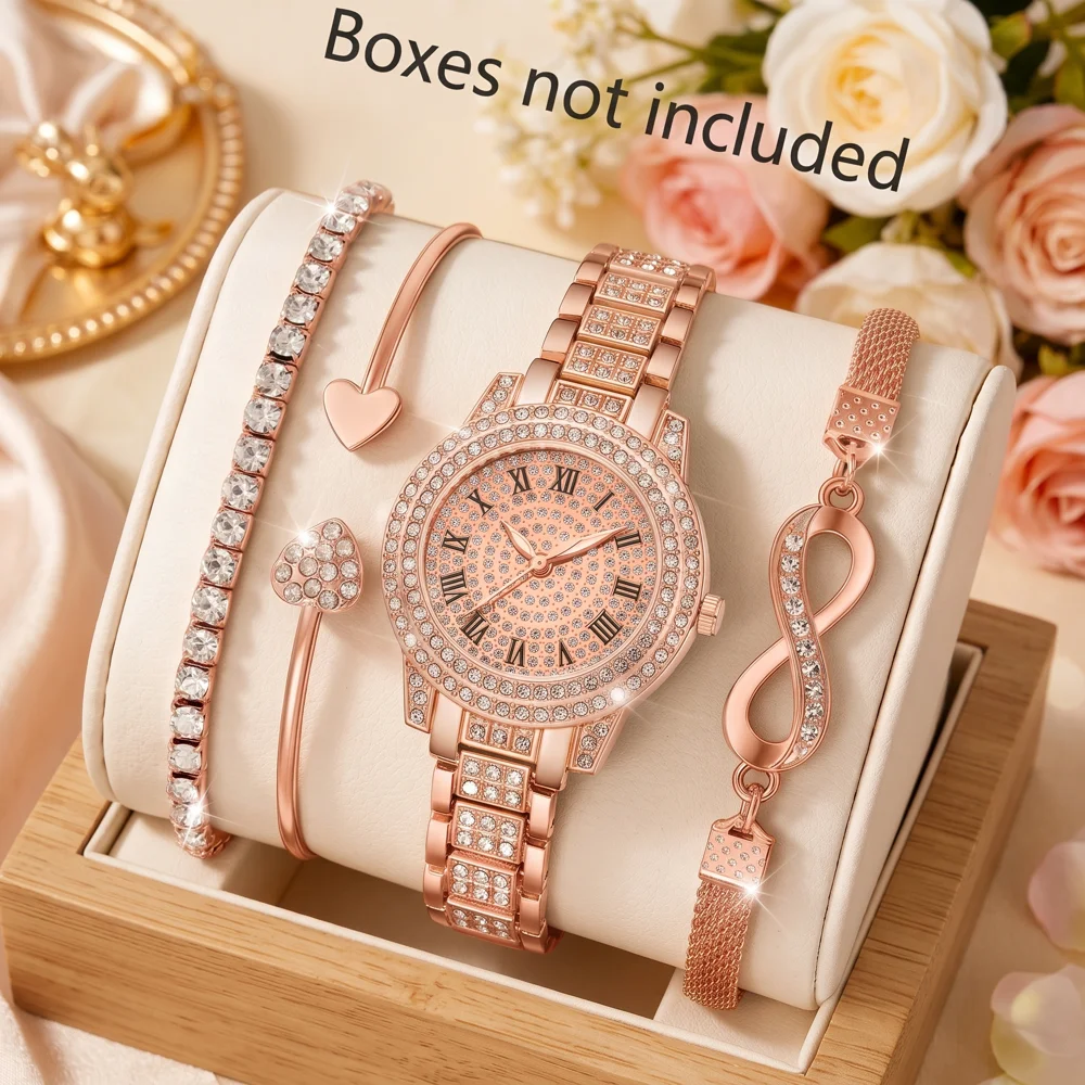 4Pcs/Set Unisex Jewelry Watches Women's Wristwatch Accessories Rose Gold Trendy Fashionable Elegant Classic Exquisite Light Luxury Rhinestone Luxury Roman Numeral Dial Round Dial Quartz Watch Set Y2K Suitable for Travel, Parties, Daily Outfits, Perfect Birthday and Holiday Gift