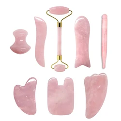 100% Natural Rose Quartz Jade Roller Gua Sha Massager Set Jade Stone Gouache Scraper Facial Massage Lifting SPA Anti Aging Tools