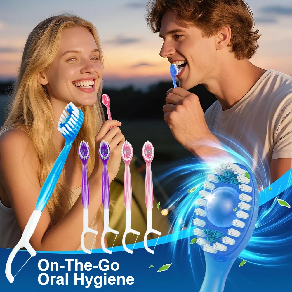 

Набор для путешествий 5 в 1: 12 портативных мини-зубных щеток с зубной нитью, одноразовые, с зубной пастой и скребком для языка