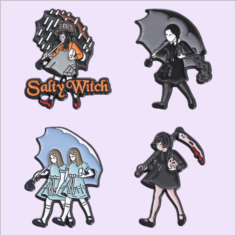 Horror Movie Enamel Pins Salty Witch Girl Holding Umbrella Brooches Lapel Badges Punk Gothic Jewelry Gift for Fans Wholesale