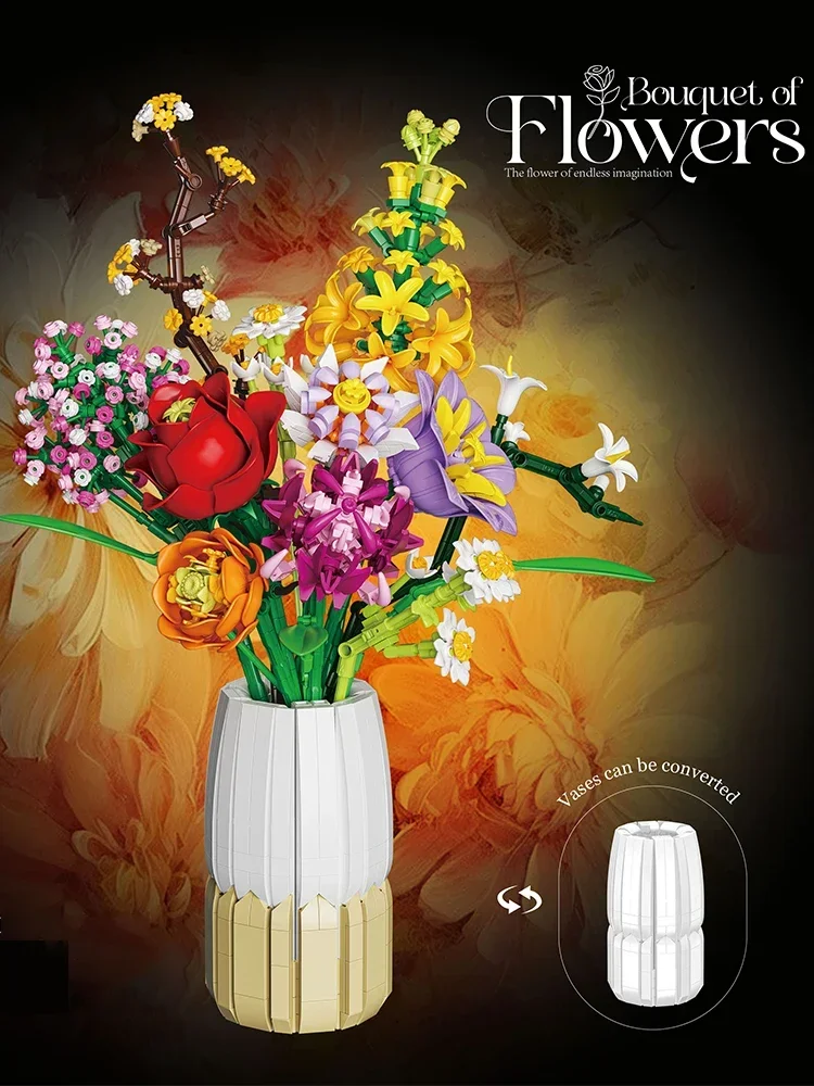 1458PCS Boeket Bouwstenen Rose Daisy Lelie Bloemenvaas Model Bricks Desktop Decoratie Kinderen DIY Speelgoed Volwassen Romantische Geschenken - afbeelding 2